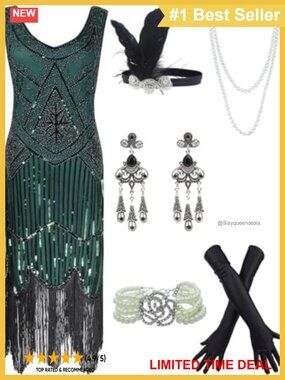 1920s Flapper Sequin Beaded Gatsby Dress with Accessories Set